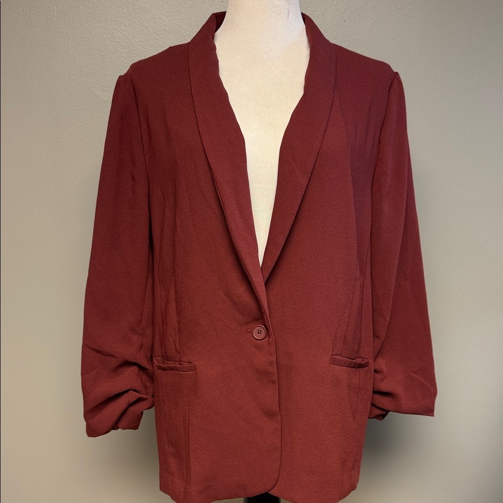 LC Lauren Conrad Rust Red Blazer Jacket XL Ruched Sleeve Open Front